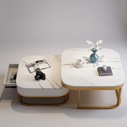Bàn Sofa Mặt Đá Thông Minh 2in1 Có Ngăn Kéo – BT34 Đồng Ánh Kim